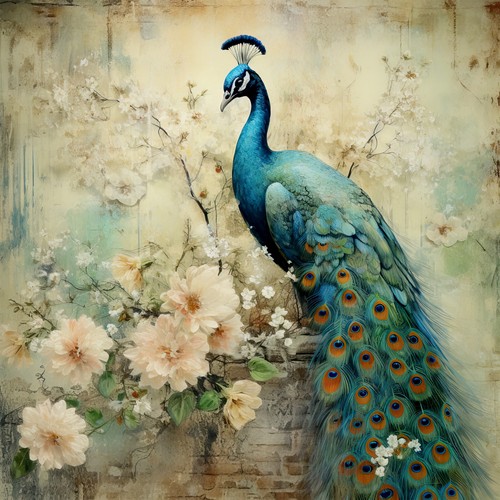 Wandbild pfau blumen vintage - wandbild,
